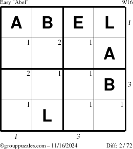 The grouppuzzles.com Easy Abel puzzle for Saturday November 16, 2024 with all 2 steps marked