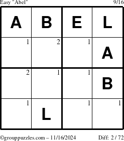 The grouppuzzles.com Easy Abel puzzle for Saturday November 16, 2024 with the first 2 steps marked