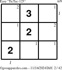 The grouppuzzles.com Easy TicTac-123 puzzle for Saturday November 16, 2024 with all 2 steps marked