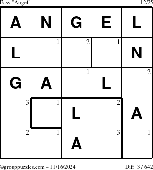 The grouppuzzles.com Easy Angel puzzle for Saturday November 16, 2024 with the first 3 steps marked