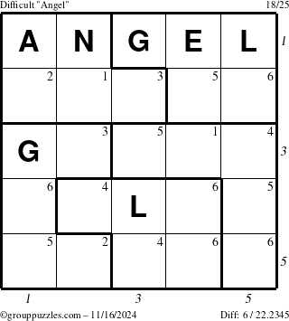 The grouppuzzles.com Difficult Angel puzzle for Saturday November 16, 2024 with all 6 steps marked