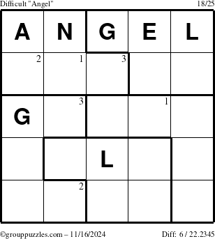 The grouppuzzles.com Difficult Angel puzzle for Saturday November 16, 2024 with the first 3 steps marked