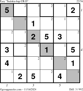 The grouppuzzles.com Easy Sudoku-6up-UR-D puzzle for Saturday November 16, 2024, suitable for printing, with all 3 steps marked