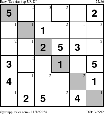 The grouppuzzles.com Easy Sudoku-6up-UR-D puzzle for Saturday November 16, 2024 with the first 3 steps marked