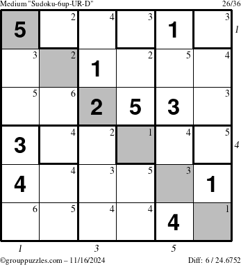 The grouppuzzles.com Medium Sudoku-6up-UR-D puzzle for Saturday November 16, 2024 with all 6 steps marked