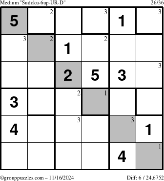 The grouppuzzles.com Medium Sudoku-6up-UR-D puzzle for Saturday November 16, 2024 with the first 3 steps marked