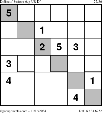 The grouppuzzles.com Difficult Sudoku-6up-UR-D puzzle for Saturday November 16, 2024