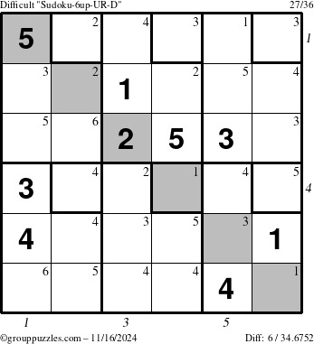 The grouppuzzles.com Difficult Sudoku-6up-UR-D puzzle for Saturday November 16, 2024 with all 6 steps marked