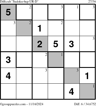 The grouppuzzles.com Difficult Sudoku-6up-UR-D puzzle for Saturday November 16, 2024 with the first 3 steps marked