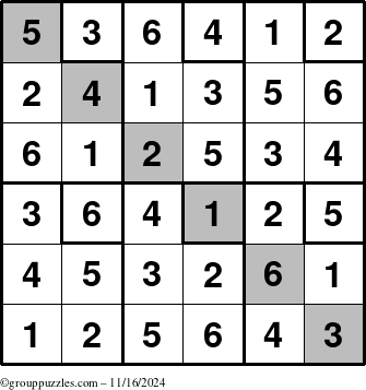 The grouppuzzles.com Answer grid for the Sudoku-6up-UR-D puzzle for Saturday November 16, 2024