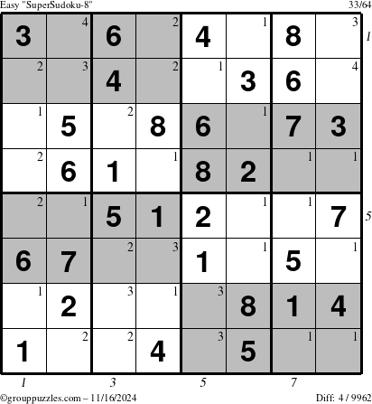 The grouppuzzles.com Easy SuperSudoku-8 puzzle for Saturday November 16, 2024 with all 4 steps marked