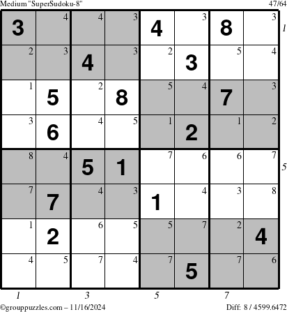 The grouppuzzles.com Medium SuperSudoku-8 puzzle for Saturday November 16, 2024 with all 8 steps marked