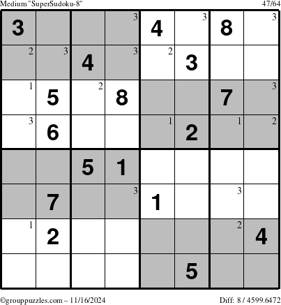 The grouppuzzles.com Medium SuperSudoku-8 puzzle for Saturday November 16, 2024 with the first 3 steps marked