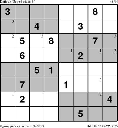 The grouppuzzles.com Difficult SuperSudoku-8 puzzle for Saturday November 16, 2024 with the first 3 steps marked