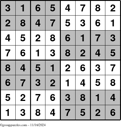 The grouppuzzles.com Answer grid for the SuperSudoku-8 puzzle for Saturday November 16, 2024