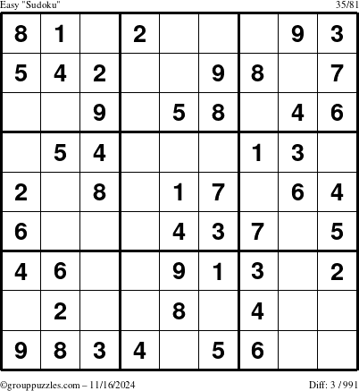 The grouppuzzles.com Easy Sudoku puzzle for Saturday November 16, 2024