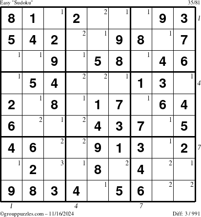 The grouppuzzles.com Easy Sudoku puzzle for Saturday November 16, 2024 with all 3 steps marked