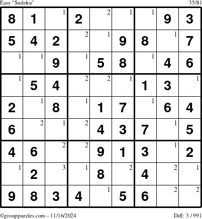 The grouppuzzles.com Easy Sudoku puzzle for Saturday November 16, 2024 with the first 3 steps marked