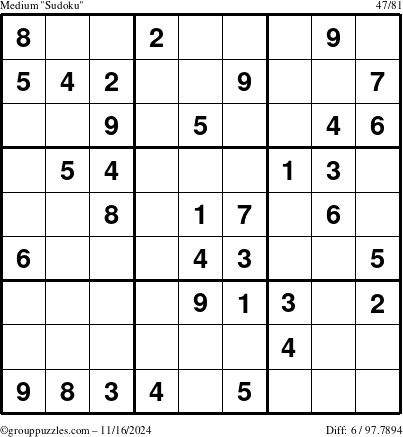 The grouppuzzles.com Medium Sudoku puzzle for Saturday November 16, 2024