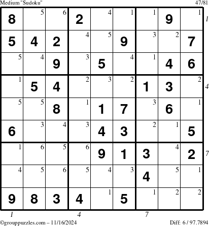 The grouppuzzles.com Medium Sudoku puzzle for Saturday November 16, 2024 with all 6 steps marked