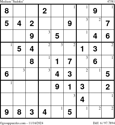 The grouppuzzles.com Medium Sudoku puzzle for Saturday November 16, 2024 with the first 3 steps marked