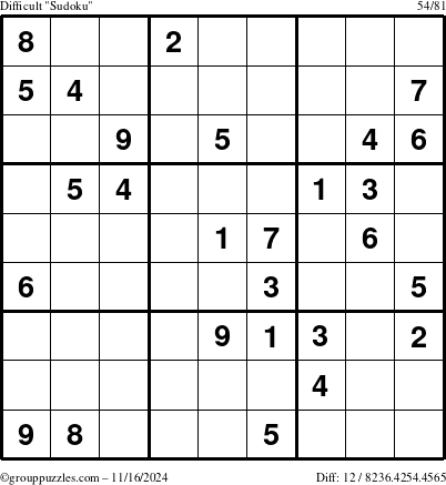 The grouppuzzles.com Difficult Sudoku puzzle for Saturday November 16, 2024