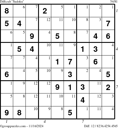 The grouppuzzles.com Difficult Sudoku puzzle for Saturday November 16, 2024 with all 12 steps marked