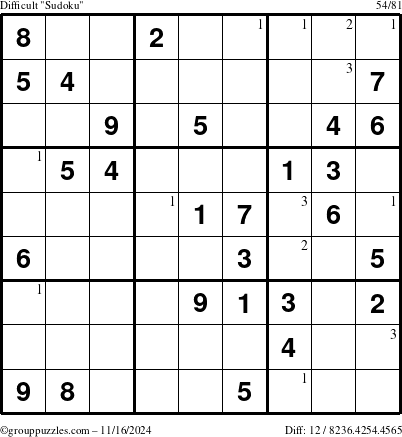 The grouppuzzles.com Difficult Sudoku puzzle for Saturday November 16, 2024 with the first 3 steps marked