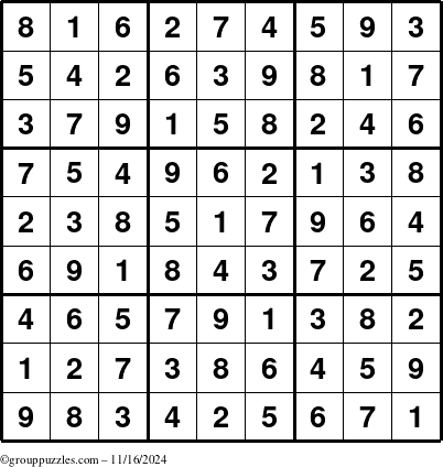 The grouppuzzles.com Answer grid for the Sudoku puzzle for Saturday November 16, 2024