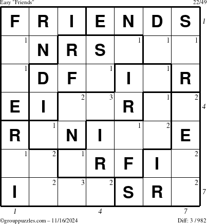 The grouppuzzles.com Easy Friends puzzle for Saturday November 16, 2024 with all 3 steps marked