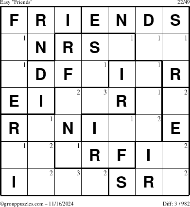 The grouppuzzles.com Easy Friends puzzle for Saturday November 16, 2024 with the first 3 steps marked