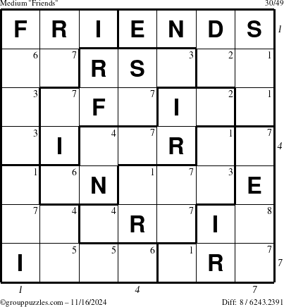 The grouppuzzles.com Medium Friends puzzle for Saturday November 16, 2024 with all 8 steps marked