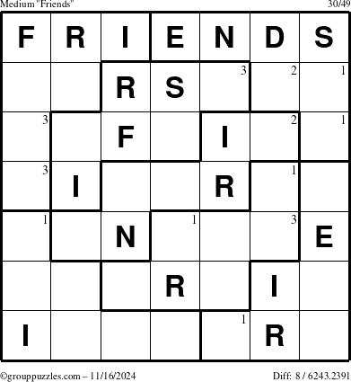 The grouppuzzles.com Medium Friends puzzle for Saturday November 16, 2024 with the first 3 steps marked