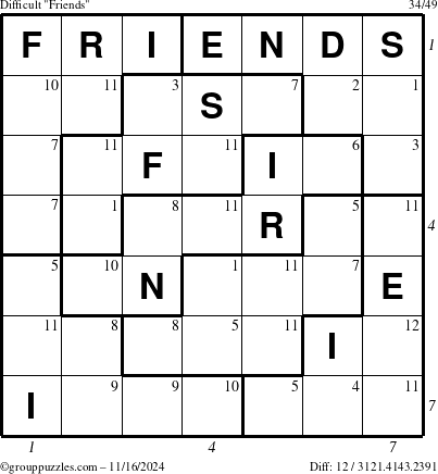 The grouppuzzles.com Difficult Friends puzzle for Saturday November 16, 2024 with all 12 steps marked