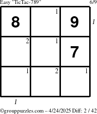 The grouppuzzles.com Easy TicTac-789 puzzle for Thursday April 24, 2025 with all 2 steps marked