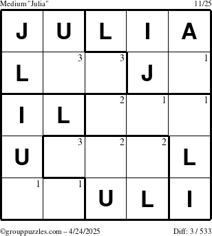 The grouppuzzles.com Medium Julia puzzle for Thursday April 24, 2025 with the first 3 steps marked