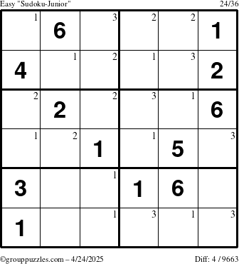 The grouppuzzles.com Easy Sudoku-Junior puzzle for Thursday April 24, 2025 with the first 3 steps marked