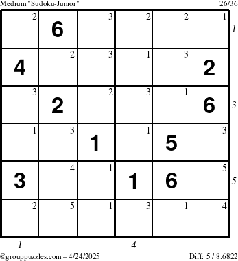 The grouppuzzles.com Medium Sudoku-Junior puzzle for Thursday April 24, 2025 with all 5 steps marked