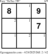 The grouppuzzles.com Easy TicTac-789 puzzle for Thursday April 24, 2025 with the first 2 steps marked