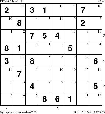 The grouppuzzles.com Difficult Sudoku-8 puzzle for Thursday April 24, 2025 with all 12 steps marked