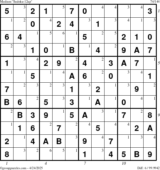 The grouppuzzles.com Medium Sudoku-12up puzzle for Thursday April 24, 2025 with all 6 steps marked