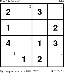 The grouppuzzles.com Easy Sudoku-4 puzzle for Tuesday October 21, 2025 with the first 2 steps marked