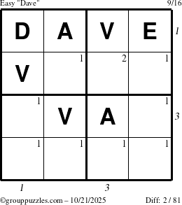 The grouppuzzles.com Easy Dave puzzle for Tuesday October 21, 2025, suitable for printing, with all 2 steps marked
