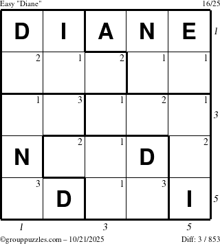 The grouppuzzles.com Easy Diane puzzle for Tuesday October 21, 2025 with all 3 steps marked