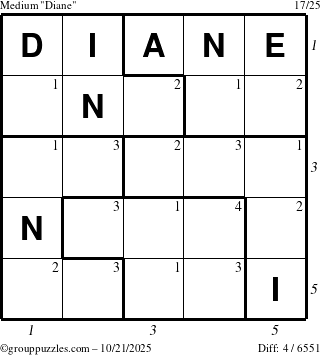 The grouppuzzles.com Medium Diane puzzle for Tuesday October 21, 2025 with all 4 steps marked