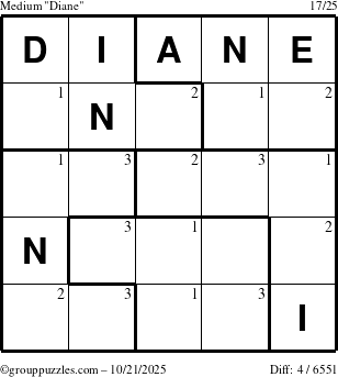 The grouppuzzles.com Medium Diane puzzle for Tuesday October 21, 2025 with the first 3 steps marked