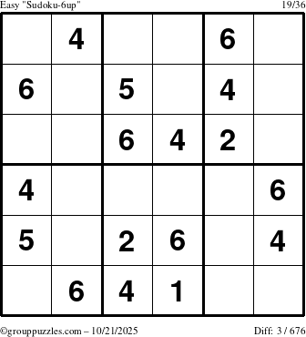 The grouppuzzles.com Easy Sudoku-6up puzzle for Tuesday October 21, 2025