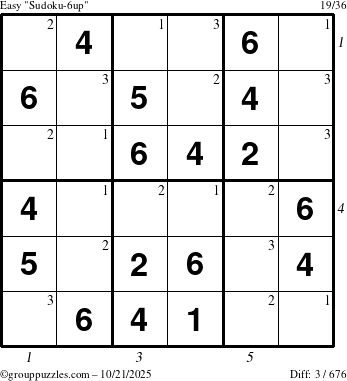 The grouppuzzles.com Easy Sudoku-6up puzzle for Tuesday October 21, 2025 with all 3 steps marked