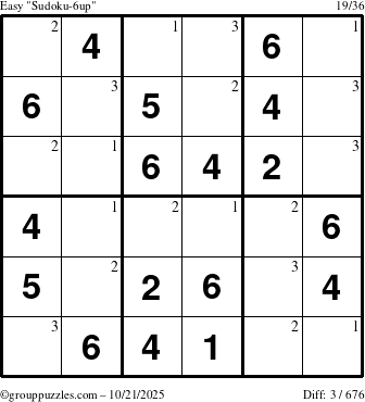 The grouppuzzles.com Easy Sudoku-6up puzzle for Tuesday October 21, 2025 with the first 3 steps marked