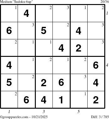 The grouppuzzles.com Medium Sudoku-6up puzzle for Tuesday October 21, 2025 with all 3 steps marked
